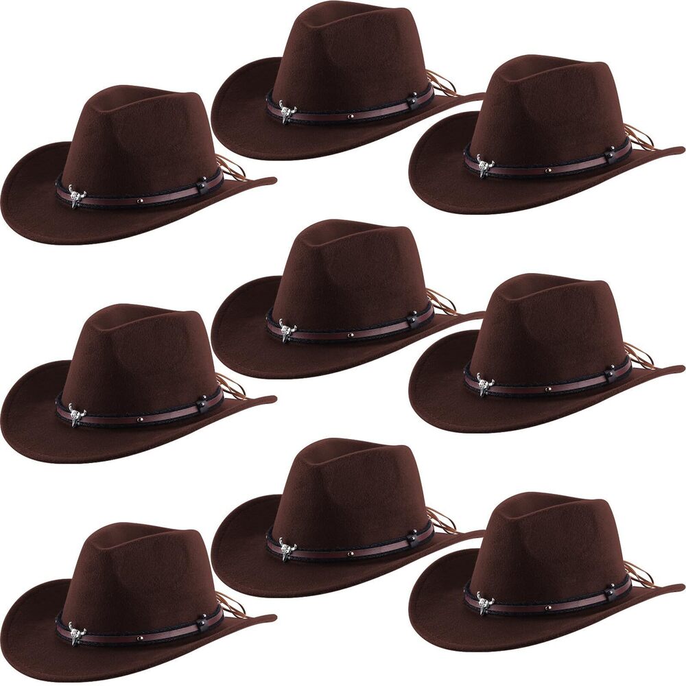 8964 9 Pcs Western Cowboy Hat Fur Faux Felt Hats Travel Cap with Strap